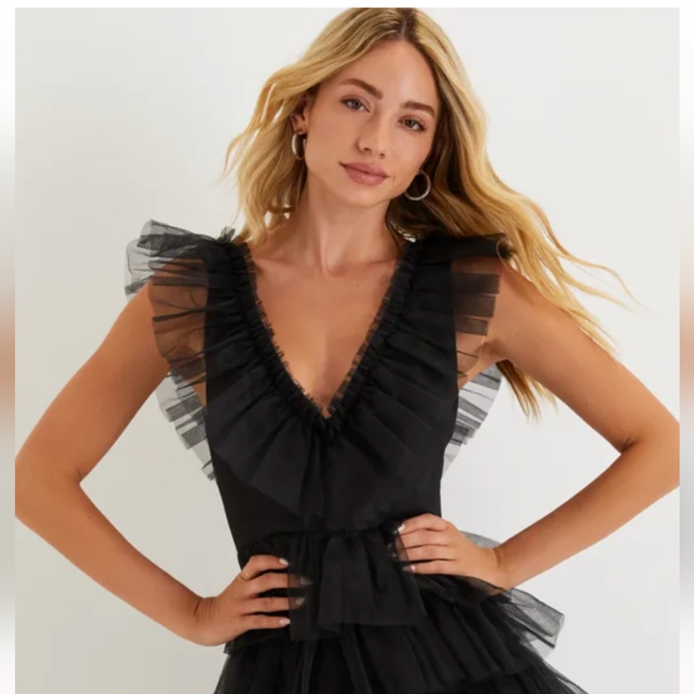 Striking Sensation Black Tulle Tiered Ruffled Mini Dress